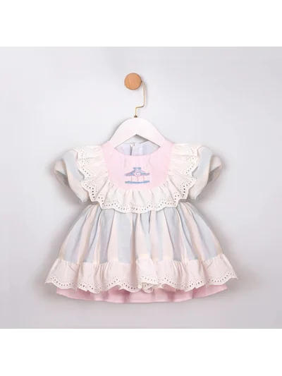 Pastel Çizgili Nakışlı Kız Çocuk Elbise