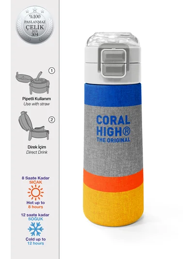 Coral High Kids Gri Turuncu Çizgi Desenli Pipetli ve Direkt İçim Çelik Termos 500 ml