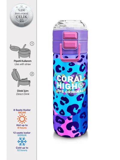 Coral High Kids Mor Leopar Desenli Pipetli ve Direkt İçim Çelik Termos 500 ml 31846