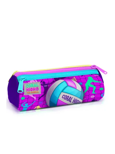 Coral High Kids Pembe Mor Voleybol Desenli Üç Bölmeli Kalem Çantası 22061