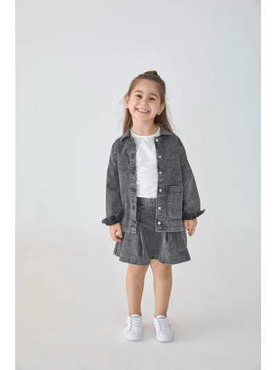 Denim Cepli Gömlek Yaka Pamuklu Ceket siyah