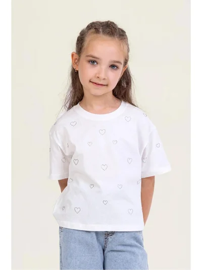 Kız Çocuk Beyaz Kalp Taşlı Tişört 4-9 Yaş | My Lorin Kids