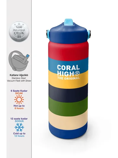 Coral High Çok Renkli Çizgi Desenli Katlanır Ağızlıklı Çelik Termos 650 ml 38312