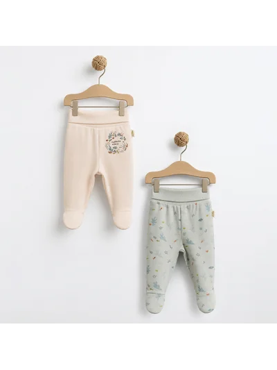 Baby Cosy Organik Pamuk Deniz Altı Desenli Patikli Bebek Pantolonu – Ekru / Mint