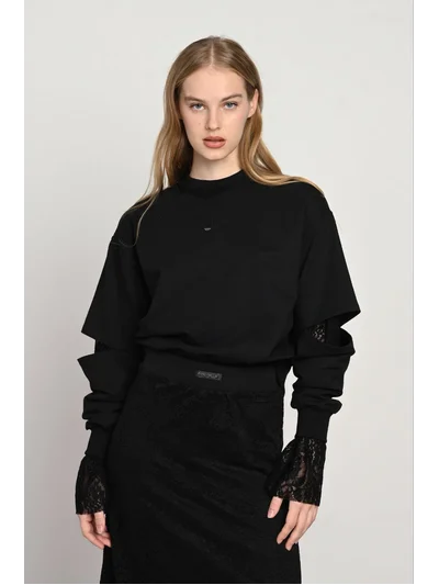 KIZ 7915 2 İPLİK DANTEL MANŞET SWEAT SİYAH