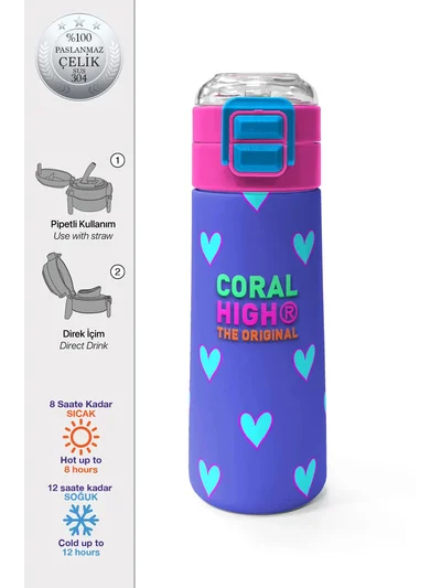 Coral High Kids Lavanta Pembe Kalp Desenli Pipetli ve Direkt İçim Çelik Termos 500 ml 31922