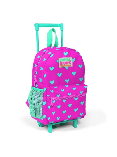 CORAL HİGH KIDS Minik Yuva Çekçekli Sırt Çantası Neon Pembe Su Yeşili Kalp Desenli İki Bölmeli 24005