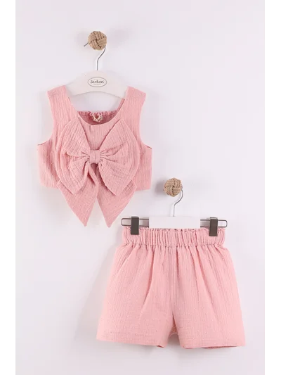 Müslin Crop Şort Takım 2-8 yaş pembe
