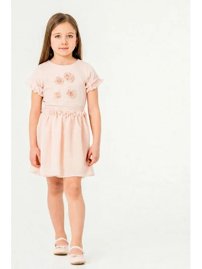 Kız Çocuk Çiçek Detaylı Etek Takım Pudra