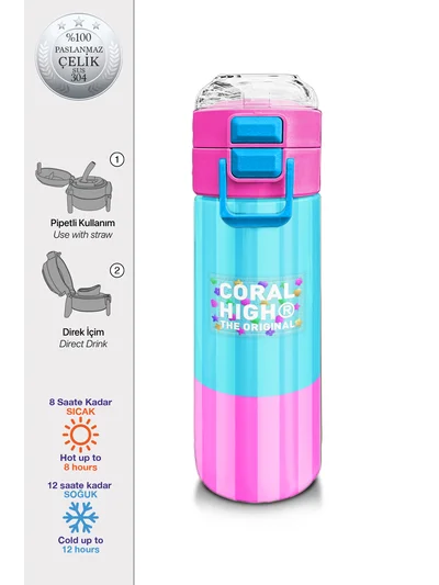 Coral High Kids Renkli Çizgili Desenli Pipetli ve Direkt İçim Çelik Termos 500 ml