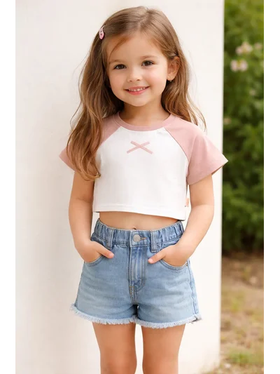 Kurdela Detaylı Kontrast Oversize Crop Tişört