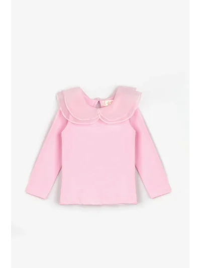 Organze Yakalı Kız Çocuk Tshirt pembe