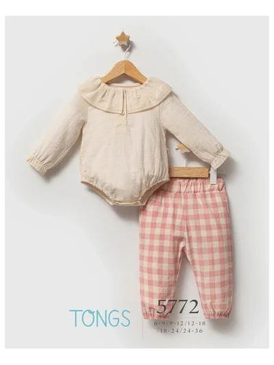 Kız Bebek Ekoseli Pantolon Takım – Fırfır Yakalı Body & 2’li Set | Tongs