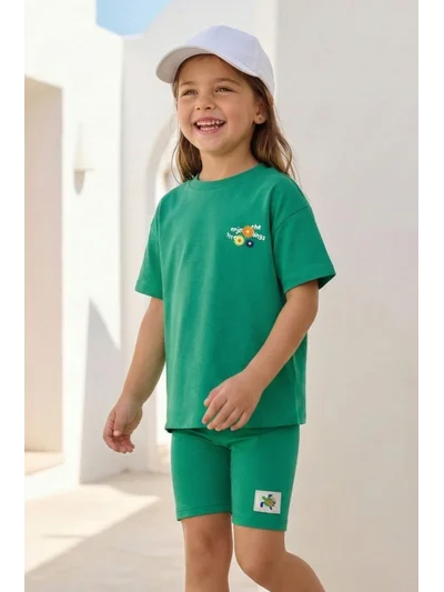 Kız Çocuk Baskılı T-shirt ve Tayt Takım - Yeşil