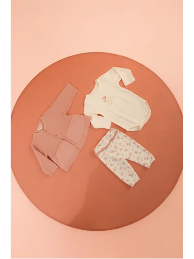 Gül Kurusu Organik Pamuklu Hırkalı ve Zıbınlı Üçlü Triko Kız Bebek Takım