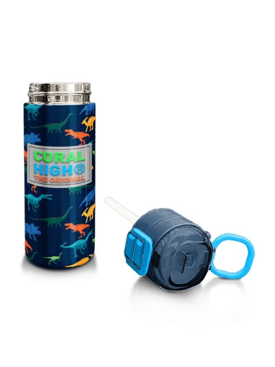 Coral High Kids Lacivert Mavi Dinozor Desenli Pipetli ve Direkt İçim Çelik Termos 500 ml 