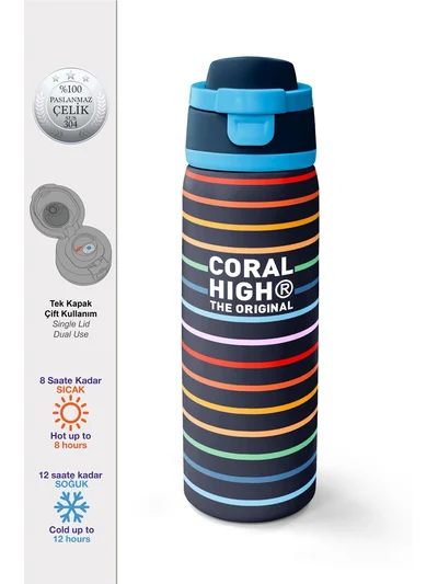 Coral High Çok Renkli Çizgi Desenli Pipetli ve Direkt İçim Çelik Termos 800 ml 38509