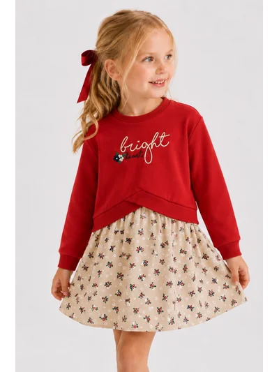 Kız Çocuk Çiçekli Sweatshirt Elbise kırmızı
