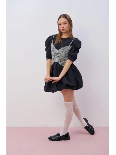 KIZ 7991 KREP DANTEL BÜSTİYERLİ TSHIRT SİYAH