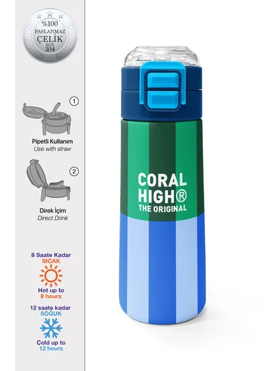 Coral High Kids Mavi Yeşil Çizgi Desenli Pipetli ve Direkt İçim Çelik Termos