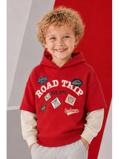 Erkek Çocuk Road Trip Armalı Kapşonlu Sweatshirt kırmızı