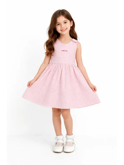 Cherry Detaylı Pembe Ekose Elbise