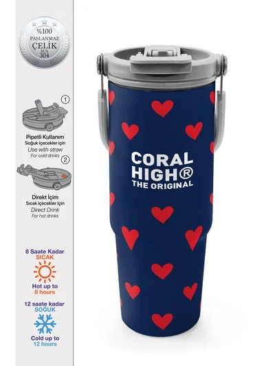 Coral High Lacivert Kırmızı Kalp Desenli Pipetli ve Direkt İçim Çelik Termos 900 ml 38705