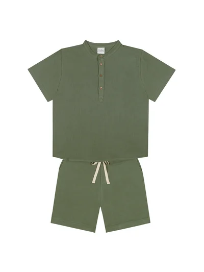 Yeşil Müslin Kısa Kollu Tshirt Şort Set 2-10 yaş 