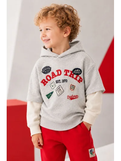 Erkek Çocuk Road Trip Armalı Kapşonlu Sweatshirt gri