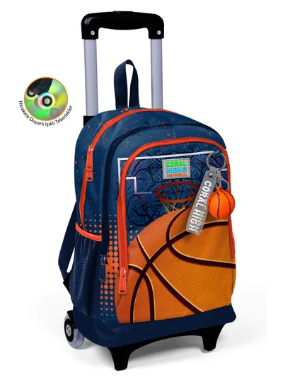 Coral High Kids Turuncu Lacivert Basketbol Desenli Üç Bölmeli Çekçekli Okul Sırt Çantası 23966