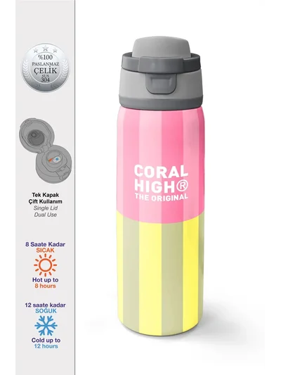 Coral High Pembe Sarı Çizgi Desenli Pipetli ve Direkt İçim Çelik Termos 800 ml 38501