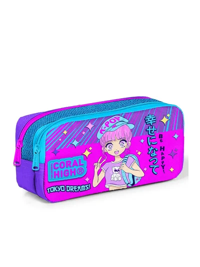 Coral High Kids Mor Pembe Mavi Simli K-Pop Desenli İki Bölmeli Kalem Çantası 12064