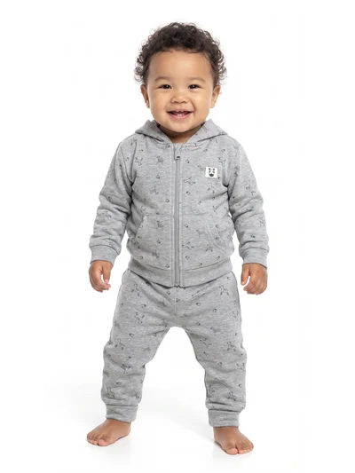 Baby Cosy Zebra Desenli Kapüşonlu Fermuarlı Bebek Eşofman Takımı – Gri