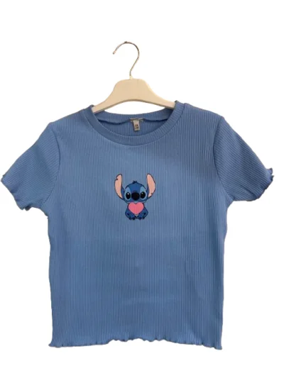 Kız Çocuk Stitch Baskılı Mavi Crop Tişört 9-14 Yaş | My Lorin Kids