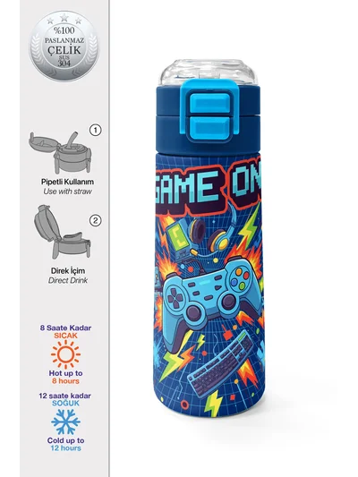 Coral High Kids Lacivert Game Desenli Pipetli ve Direkt İçim Çelik Termos 500 ml