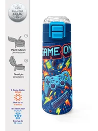 Coral High Kids Lacivert Game Desenli Pipetli ve Direkt İçim Çelik Termos 500 ml