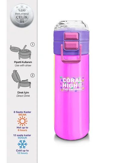 Coral High Kids Çok Renkli Desenli Pipetli ve Direkt İçim Çelik Termos 500 ml 31876