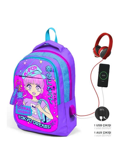 Coral High Kids Mor Pembe Mavi Simli K-Pop Desenli Üç Bölmeli USB'li Okul Sırt Çantası 24316