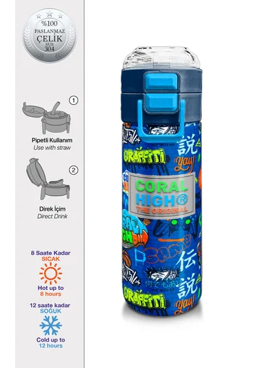 Coral High Kids Saks Grafiti Desenli Pipetli ve Direkt İçim Çelik Termos 500 ml