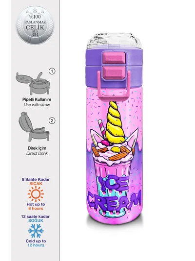 Coral High Kids Pembe Mor Milkshake Dondurma Desenli Pipetli ve Direkt İçim Çelik Termos 500 ml 31950