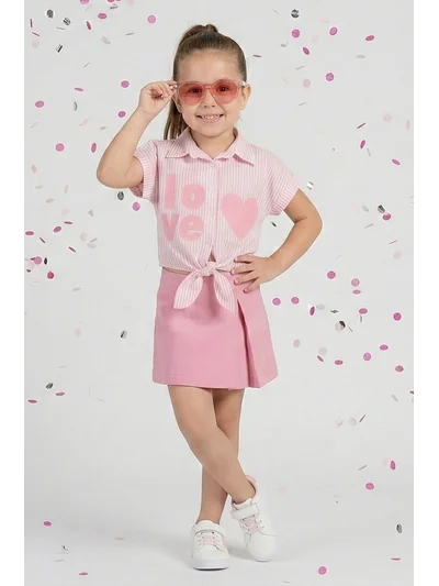 Kız Çocuk Love Baskılı Gömlek Etek 2'li Takım 4-9 Yaş pembe | My Lorin Kids