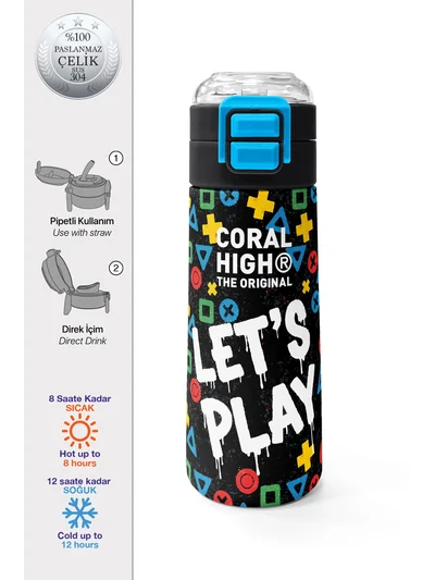 Coral High Kids Siyah Lets Play Desenli Pipetli ve Direkt İçim Çelik Termos 500 ml