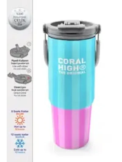 Coral High Renkli Çizgili Desenli Pipetli ve Direkt İçim Çelik Termos 900 ml