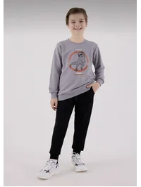 Erkek Çocuk Dinozor Baskılı Regular Fit Gri Eşofman Takım 9-14 yaş