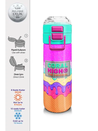 Coral High Kids Pembe Rengarenk Dondurma Desenli Pipetli ve Direkt İçim Çelik Termos 500 ml 31938