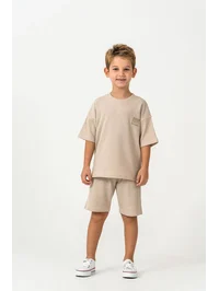 Erkek Çocuk Dokulu Şort Takım – Nakış Detaylı T-Shirt & Şort | My Lorin Kids bej