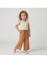 Kız Çocuk Nakışlı Bluz & Turuncu Pantolon Takım – Yazlık 2’li Kombin
