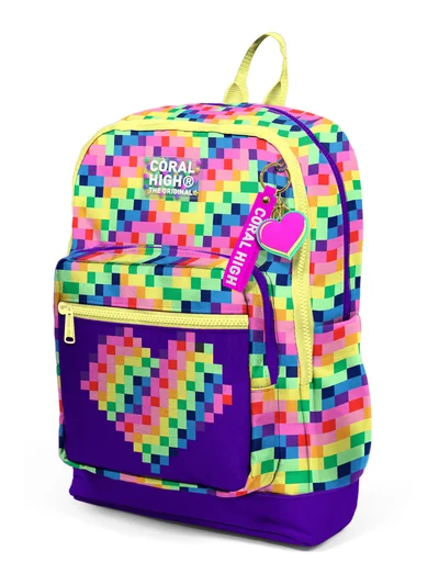 Coral High Kids Çok Renkli Piksel Kalp Desenli Okul Sırt Çantası 33208 
