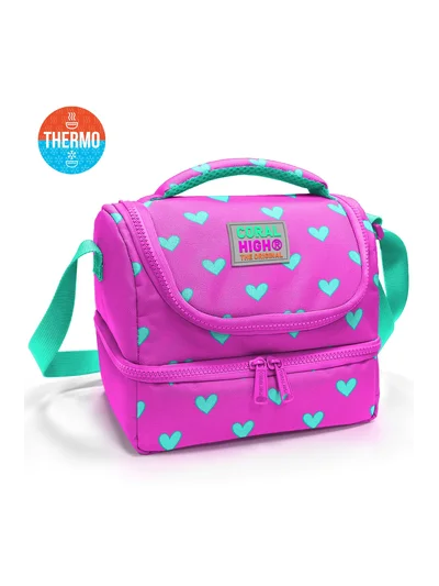 Coral High Kids Neon Pembe Su Yeşili Kalpj Desenli Thermo İki Katlı Beslenme Çantası 37212