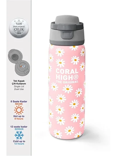 Coral High Papatya Desenli Pipetli ve Direkt İçim Çelik Termos 800 ml 38502